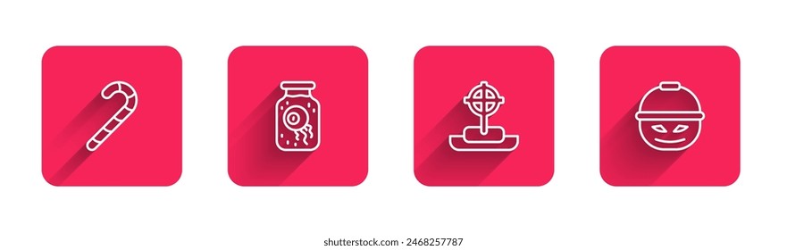 Set line Christmas candy cane, Eye in jar, Tombstone with cross and Pumpkin basket for sweets with long shadow. Red square button. Vector