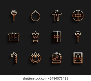 Set line Christmas candy cane with stripes, wreath, Lollipop, snow globe, postcard, star,  and Gift box icon. Vector