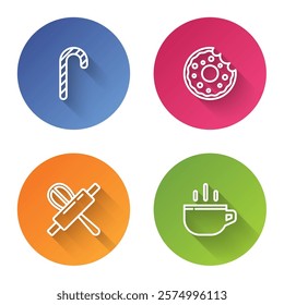 Set line Christmas candy cane, Donut, Kitchen whisk rolling pin and Coffee cup. Color circle button. Vector
