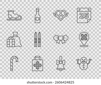 Set line Christmas candy cane, snowman, Pretzel, shopping bag, Figure skates, Ski sticks, Merry ringing bell and Snowflake icon. Vector