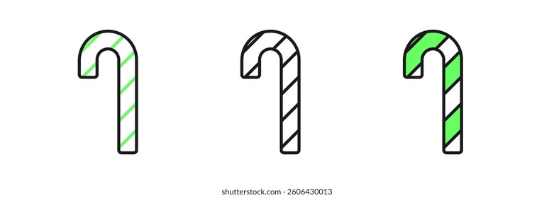 Set line Christmas candy cane with stripes icon isolated on white background. Merry Christmas and Happy New Year.  Vector