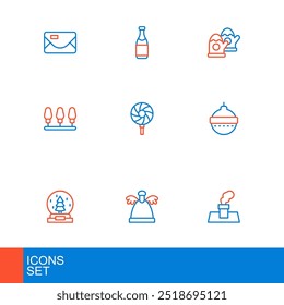 Set line Christmas chimney, Angel, snow globe, ball, lights, Lollipop, mittens and Champagne bottle icon. Vector