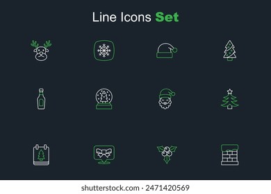 Set line Christmas chimney, Branch viburnum, Gift bow, day calendar, tree, Santa Claus hat and beard, snow globe and Champagne bottle icon. Vector