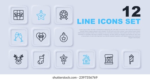 Set line Christmas chimney, Firework rocket, Gift box, Merry house, Glass of champagne, stocking, star and  icon. Vector