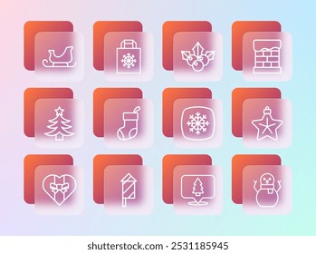 Set line Christmas chimney, Firework rocket, Snowflake, tree, stocking, Branch viburnum, santa claus sleigh and shopping bag icon. Vector
