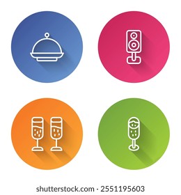 Set line Christmas covered with tray, Stereo speaker, Glass of champagne and . Color circle button. Vector