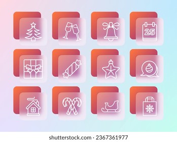 Set line Christmas day calendar, Candy cane with stripes, star, santa claus sleigh, ringing bell, tree and Glass of champagne icon. Vector