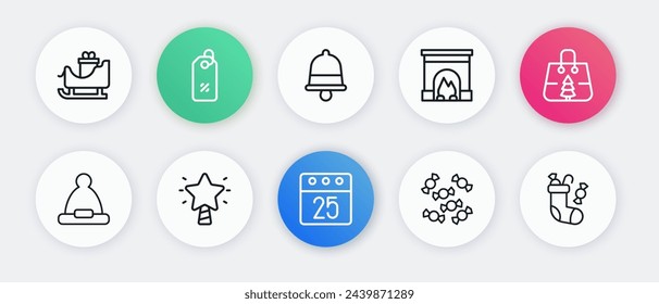 Set line Christmas day calendar, shopping bag, Santa Claus hat, Candy, Interior fireplace, ringing bell, stocking and star icon. Vector