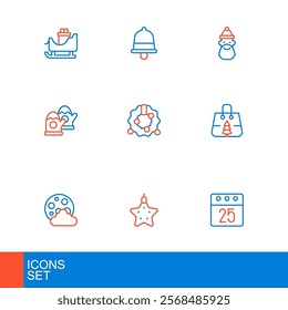 Set line Christmas day calendar, star, night, shopping bag, mittens, wreath, Santa Claus hat and beard and ringing bell icon. Vector