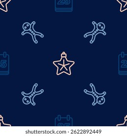 Set line Christmas day calendar, Holiday gingerbread man cookie and star on seamless pattern. Vector