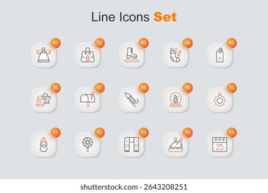 Set line Christmas day calendar, Roasted turkey or chicken, Winter scarf, Lollipop, Santa Claus hat and beard, toy, snow globe and Firework rocket icon. Vector