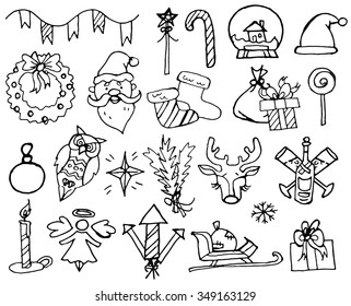 Set of line Christmas doodles elements, signs, symbols, labels for a Merry Christmas and Happy New Year. Freehand, hand drawn doodle elements like: Christmas tree, deer, Santa Claus, presents