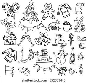 Set of line Christmas doodles elements, signs, symbols, labels for a Merry Christmas and Happy New Year. Freehand, hand drawn doodle elements like: Christmas tree, deer, Santa Claus, presents