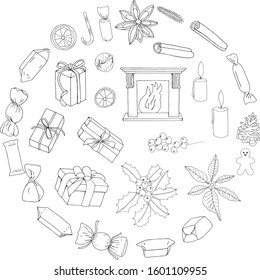 Set of line christmas icons and decorations, new year isolate contour objects. Clip art for banner, flyer, business, card, poster. Vector hand drawn illustration. 