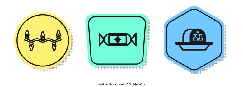 Set line Christmas lights, Candy and Marzipan sponge cake. Colored shapes. Vector