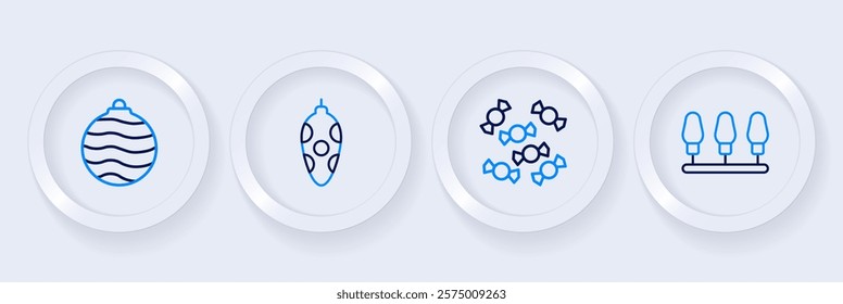 Set line Christmas lights, Candy, toy and ball icon. Vector