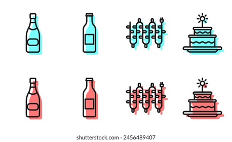 Set line Christmas lights, Champagne bottle, Beer bottle and Cake with burning candles icon. Vector