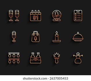 Set line Christmas lights, Champagne bottle, Glass of champagne, star, snowman, shopping bag, covered with tray and Burning candle icon. Vector