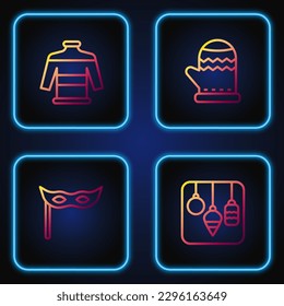 Set line Christmas lights, Festive mask, sweater and mitten. Gradient color icons. Vector