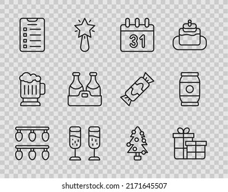 Set line Christmas lights, Gift box, Calendar, Glass of champagne, New year goals list, Champagne bottle, tree and Beer can icon. Vector