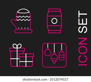 Set line Christmas lights, Gift box, Beer can and mitten icon. Vector