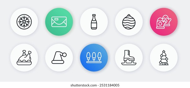 Set line Christmas lights, mittens, Roasted turkey or chicken, Skates, ball, Champagne bottle, tree and Santa Claus hat icon. Vector