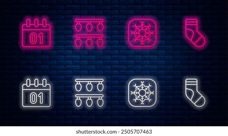 Set line Christmas lights, Snowflake, Calendar and stocking. Glowing neon icon on brick wall. Vector