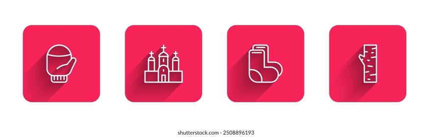 Set line Christmas mitten, Church building, Valenki and Birch tree with long shadow. Red square button. Vector