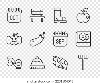 Set line Christmas mitten, Garden rake, Waterproof rubber boot, Winter hat, October calendar autumn, Eggplant, Socks and Herbarium icon. Vector