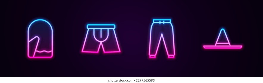 Set Linie Weihnachtsgeschenk, Männer Unterhosen, Sport und Gärtner Arbeitshut. Leuchtendes Neonsymbol. Vektorgrafik