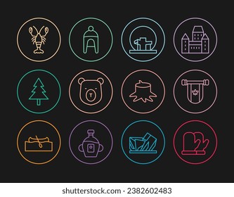 Set line Christmas mitten, Pennant Canada, Montreal Biosphere, Bear head, tree, Lobster, Tree stump and Winter hat icon. Vector