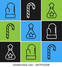 Set line Christmas mitten, Santa Claus bag gift and Christmas candy cane with stripes icon. Vector