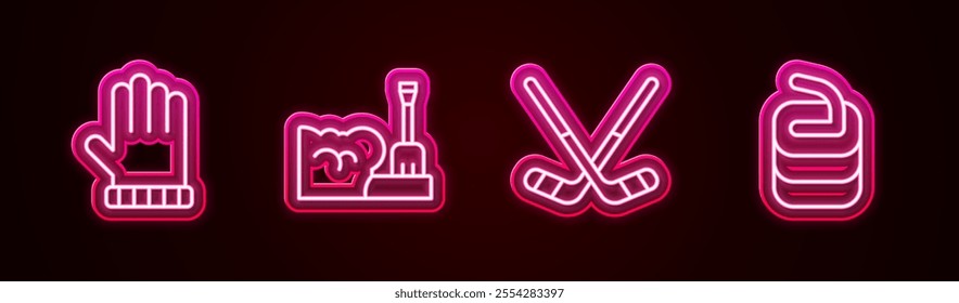 Set line Christmas mitten, Shovel in snowdrift, Ice hockey sticks and Stone for curling. Glowing neon icon. Vector