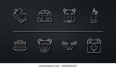 Set line Christmas mitten, Stack of pancakes, Bottle maple syrup, Deer antlers, Bear head, Igloo ice house, Canada day with leaf and Beaver animal icon. Vector
