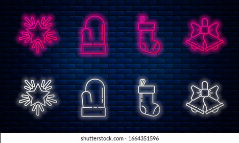 Set line Christmas mitten, Christmas stocking, Christmas star and Merry Christmas ringing bell. Glowing neon icon on brick wall. Vector
