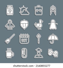Set line Christmas mitten, Umbrella, Ghost, School backpack, Acorn, Raincoat, Jar of honey and Dove icon. Vector