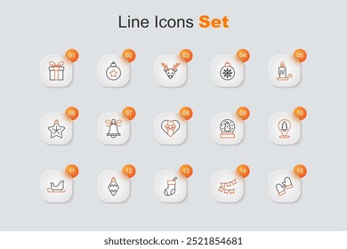 Set line Christmas mittens, Carnival garland with flags, stocking, toy, santa claus sleigh, tree, snow globe and Gift box icon. Vector