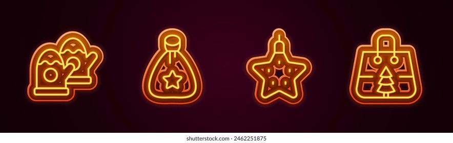 Set line Christmas mittens, Santa Claus bag gift, star and shopping. Glowing neon icon. Vector