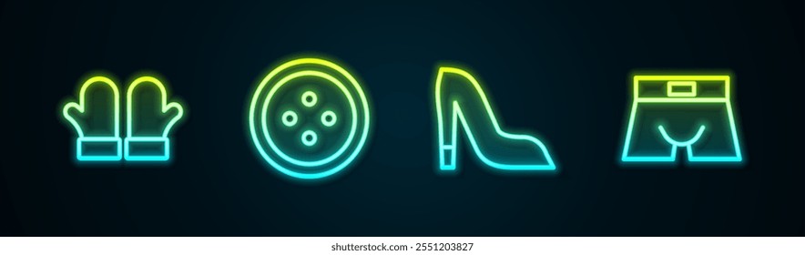 Set line Christmas mittens, Sewing button for clothes, Woman shoe and Men underpants. Glowing neon icon. Vector