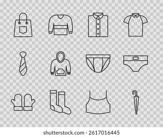 Set line Christmas mittens, Umbrella, Shirt, Socks, Handbag, Hoodie, Female crop top and Men underpants icon. Vector