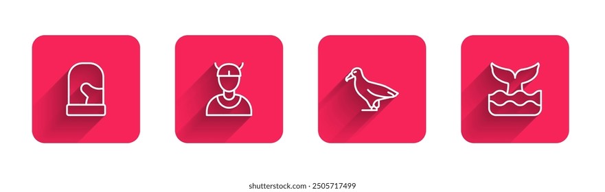 Set line Christmas mittens, Viking head, Albatross and Whale tail with long shadow. Red square button. Vector