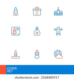 Set line Christmas night, Santa Claus hat and beard, Burning candle, Holiday gingerbread man cookie, postcard, bag gift, Church building and Gift box icon. Vector