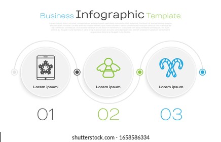 Set line Christmas on smartphone and snowflake, Christmas angel and Christmas candy cane with stripes. Business infographic template. Vector