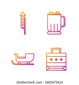 Set line Christmas paper shopping bag, Christmas santa claus sleigh, Firework rocket and Hot chocolate cup with marshmallows. Gradient color icons. Vector