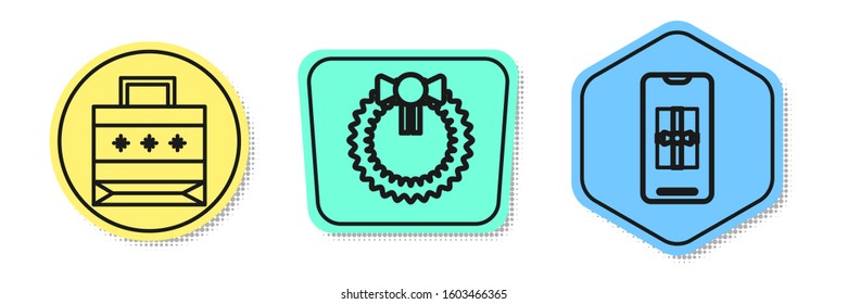 Set line Christmas paper shopping bag, Christmas wreath and Smartphone with gift box. Colored shapes. Vector