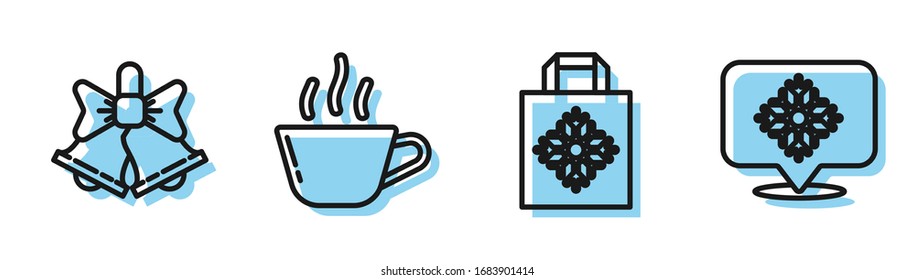 Set line Christmas paper shopping bag, Merry Christmas ringing bell, Coffee cup and Snowflake with speech bubble icon. Vector