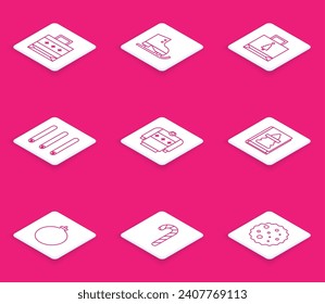 Set line Christmas paper shopping bag, Figure skates, Three rolled sticks of cinnamon, sweater, book, ball and candy cane with stripes icon. Vector