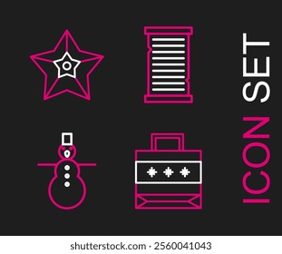 Set line Christmas paper shopping bag, snowman, wish list template and star icon. Vector