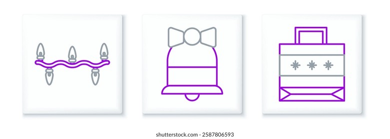 Set line Christmas paper shopping bag, lights and Merry ringing bell icon. Vector
