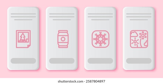 Set line Christmas postcard, Beer can, Snowflake and Firework rocket. White rectangle button. Vector